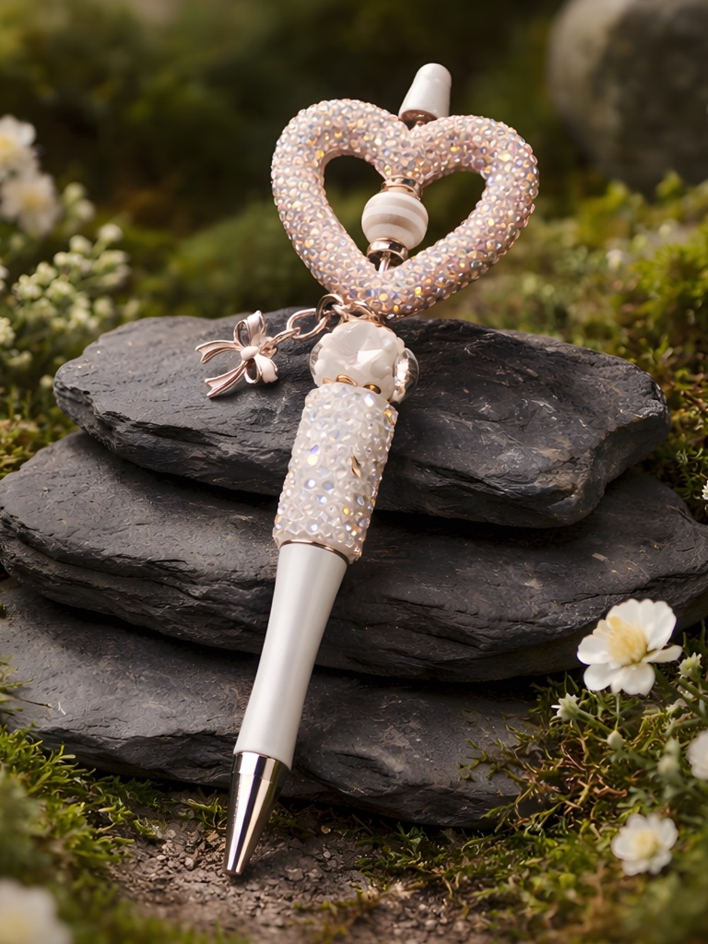 Rhinestone Heart Charm Crystal Ballpoint Pen - White